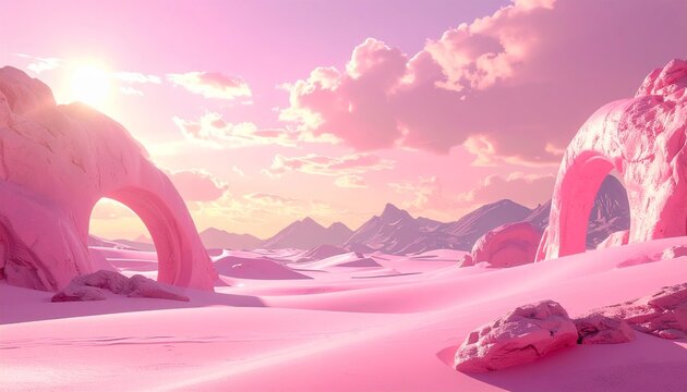 Desert vista featuring natural rock arches and rolling pink sand dunes at sunset landscape scenic nature golden sunse