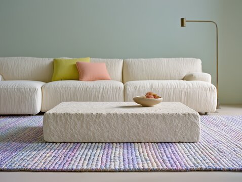 White sofa with textured coffee table and colorful pastel rug in modern living room