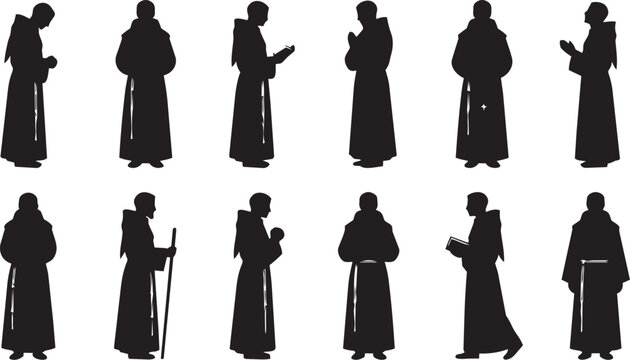 Black silhouettes representing multiple monks wearing traditional religious robes in various prayer poses isolated on a plain white background design
