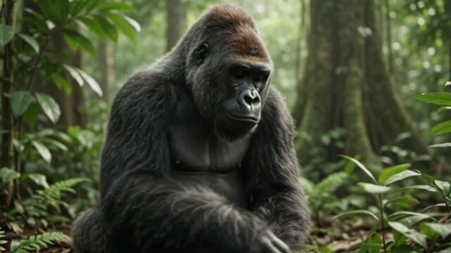 Majestic Gorilla in Verdant Jungle: A powerful silverback gorilla sits pensively amidst the lush, verdant foliage of a dense jungle, its contemplative gaze lost in the ancient mystery of its habitat.