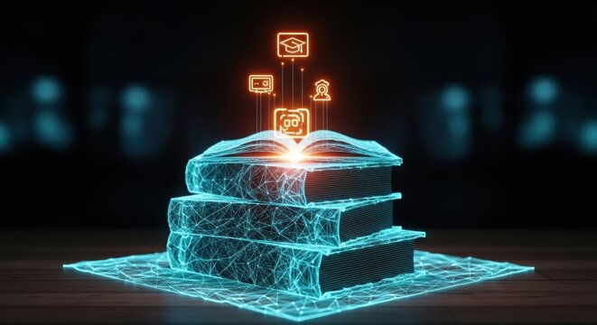 Glowing digital books stack with floating education icons in dark space illustration