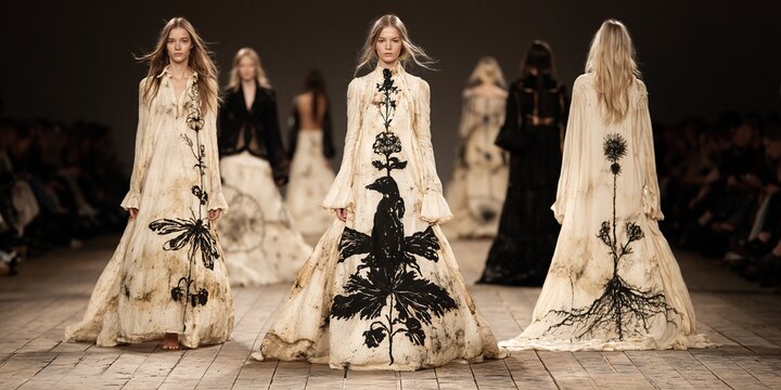 Three runway models in flowing cream gowns decorated with large black botanical artwork surrounded by a fashion show audience Concept of dramatic botanical couture