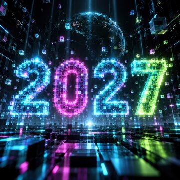 Futuristische Jahreszahl 2027 in digitaler Welt &ndash; Leuchtende Ziffern aus bunten Datenw&uuml;rfeln, globale Erde und vernetzte Strukturen symbolisieren Technologie, Innovation und Zukunft.