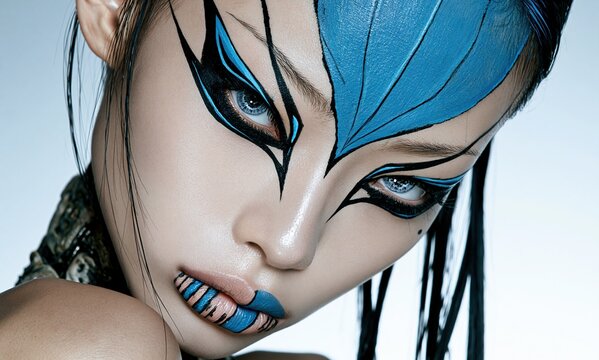 Close-up portrait of a woman with vivid blue swept hair sharp black eye makeup and blue striped lips against a pale background Concept of futuristic artistry