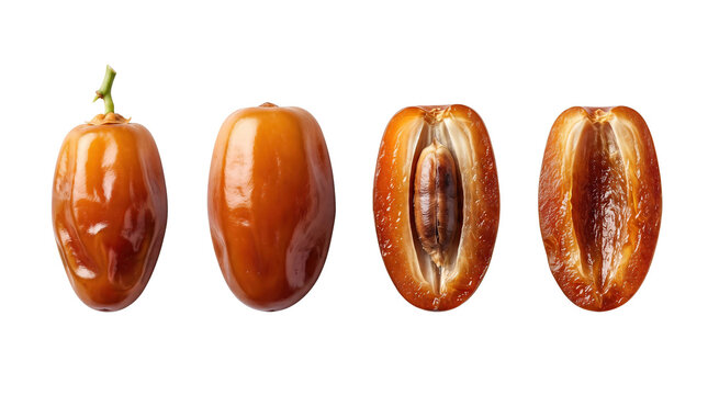Fresh whole and halved pitted dates isolated on a white background with dried fruit date fruit sweet fruit white background