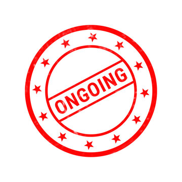 Ongoing red rubber stamp, circular grunge ink seal with stars, business progress and status indicator icon