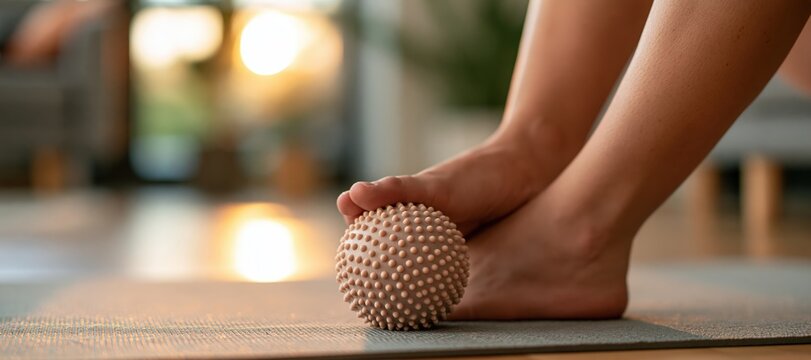 Bare feet rolling on spiky massage ball for foot therapy at home