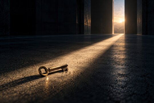 Golden Key Lying in Dark Empty Room