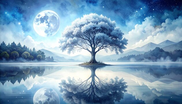 Lonely tree on an island in the middle of a still lake under a full moon night sky with lone tree starry sky lake reflection