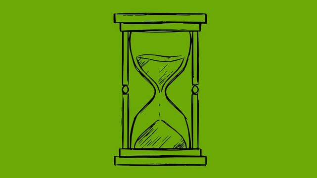 hand drawn style hourglass animation with black fills on a green screen chroma key background featuring a line boil effect for video production and editing projects