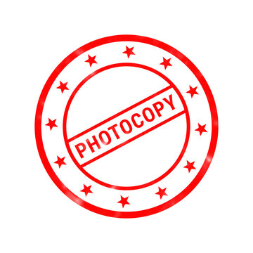 Red photocopy rubber stamp icon, circular office seal with stars, business document verification mark on white background
