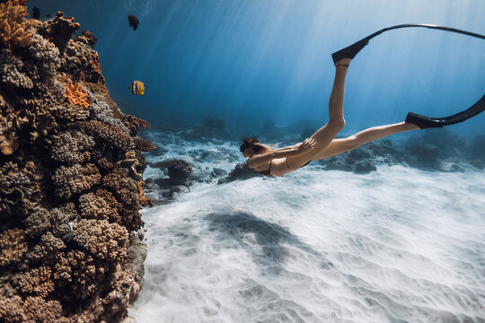 Free diver woman gliding beside a coral reef wall in clear blue ocean water