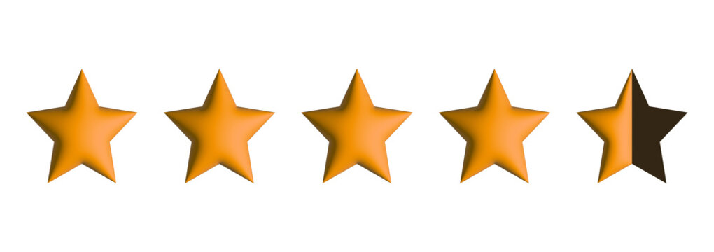 Four point five star rating scale with half score on transparent background. 3D elements