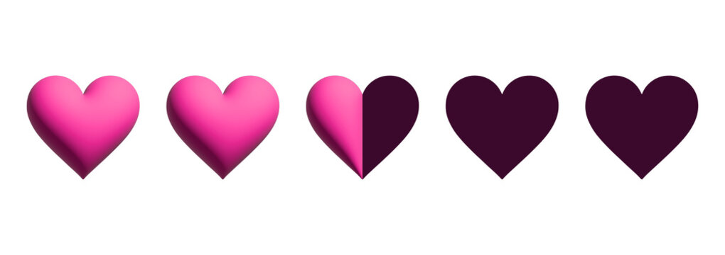 Two point five heart rating scale with half score on transparent background. 3D elements
