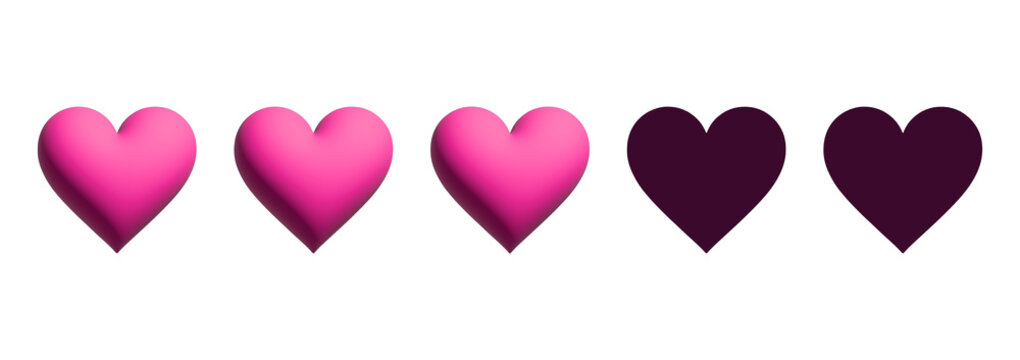 Three heart rating scale with three filled pink elements on transparent background. 3D elements