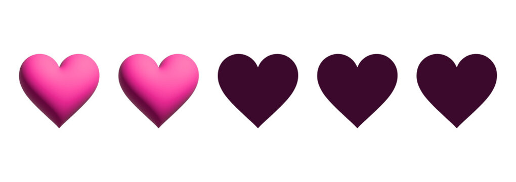 Two heart rating scale with two filled pink elements on transparent background. 3D elements