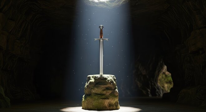 An ancient steel longsword rests embedded within a weathered stone pedestal inside a dark, mysterious cavern illuminated by natural rays, mystical, majestic, cave