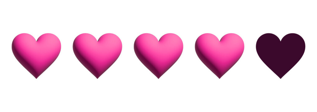 Four heart rating scale with four filled pink elements on transparent background. 3D elements