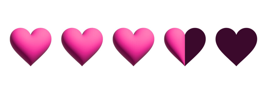 Three point five heart rating scale with half score on transparent background. 3D elements
