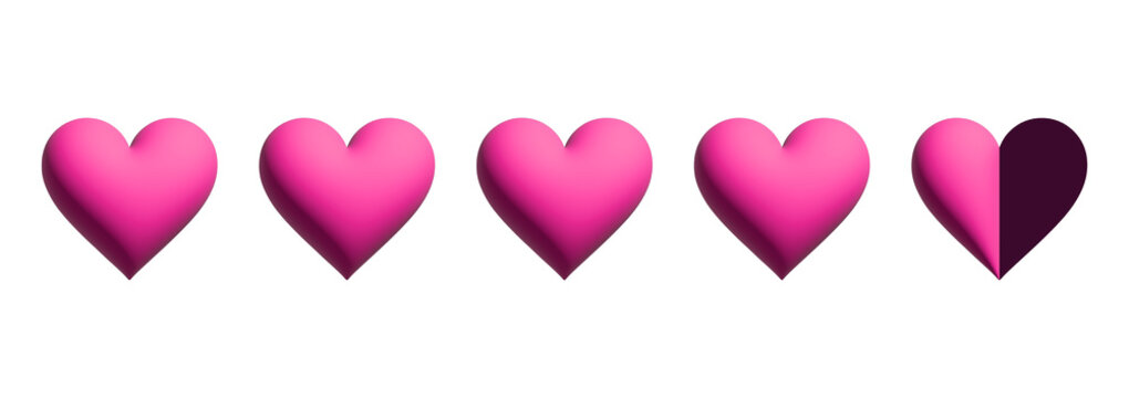 Four point five heart rating scale with half score on transparent background. 3D elements
