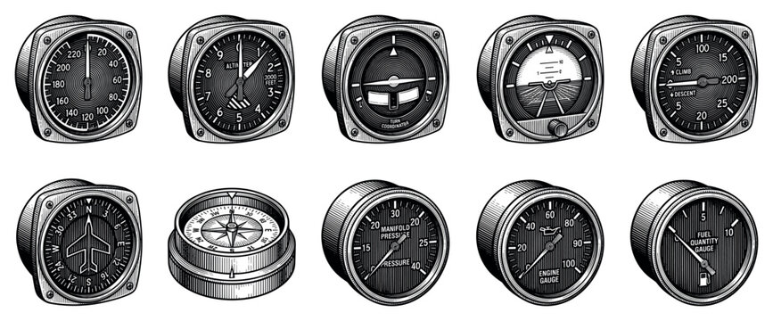 Aircraft gauge icons set. Aviation instruments and cockpit dashboard concept. Includes airspeed indicator, altimeter, turn coordinator, attitude indicator, vertical speed indicator, compass,