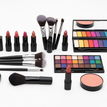 An assortment of high-quality cosmetics featuring lipsticks, makeup brushes, and colorful eye shadows arranged on a clean white backdrop, makeup, texture, colors