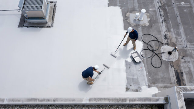 Rooftop workers applying white coating with rollers, aerial perspective