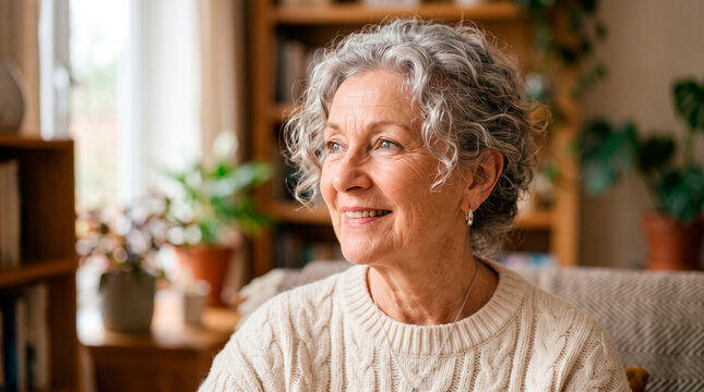 Older woman smiling happily in cozy home setting