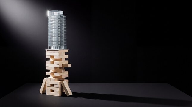 Model skyscraper balanced on an unstable stack of wooden blocks in a dark studio