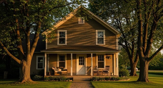 Charming Wooden American Farmhouse with Large Trees and Porch.