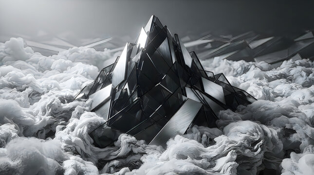 Abstract dark metallic pyramid structure rising from thick white clouds in a mysterious landscape