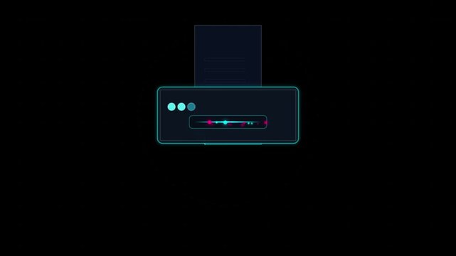 Digital printer icon performing automated document processing in neon motion footage