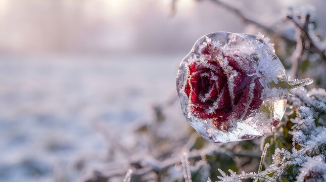 Beautiful dark red rose flower covered in morning dew drops in a soft moody garden