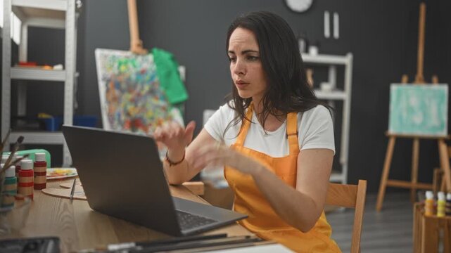 Woman painter in apron rubbing her temples while seated at laptop in studio and checking reference images; stressed creativity.