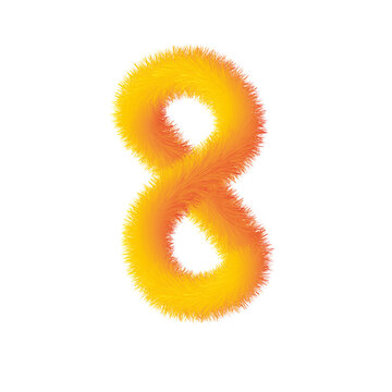 Fluffy vibrant yellow and orange fur number 8 on transparent background