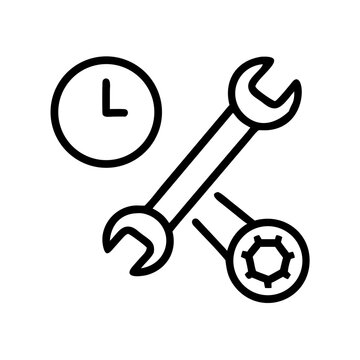 Wrench icon with clock and gear representing maintenance time management.