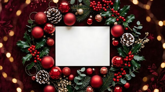 Christmas wreath frame with red ornaments and pine cones on a dark festive bokeh background