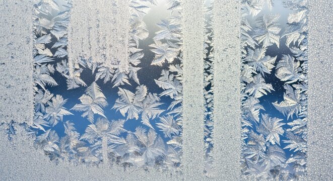 Intricate frost formations decorate a cold window pane with delicate icy branches and crystal structures on a freezing winter morning, wintertime, glass, frigid