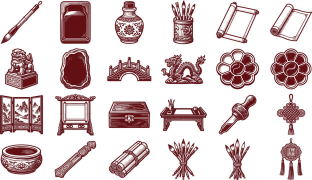 raditional Chinese Calligraphy & Scholar Studio Tools Vector Set