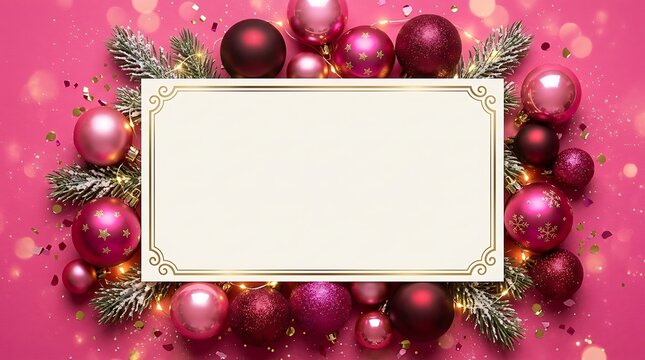 Blank paper card with pink christmas balls and pine branches on a bright pink holiday background