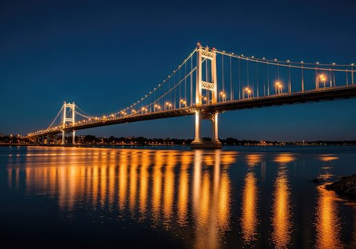 A majestic suspension bridge illuminated by golden lights stretches across a calm river at twilight, reflecting bright glows on the water, reflection, path, horizon
