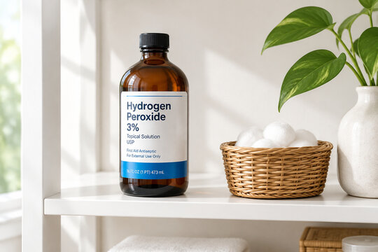 Amber glass hydrogen peroxide bottle with wicker basket and cotton balls on white shelf, home care and pharmacy concept