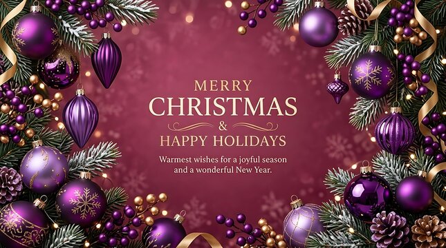 Merry christmas and happy holidays greeting card with purple ornaments and pine tree branches