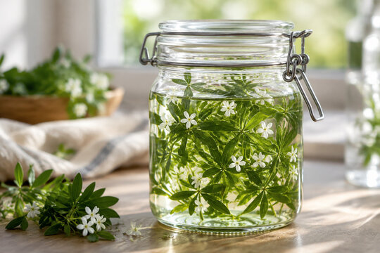 Fresh sprigs of sweet woodruff submerged in clear liquid in a jar.