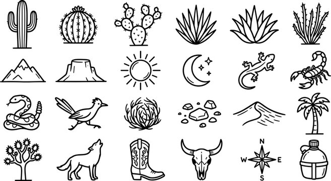Set of desert icons including cactus, animals, and landscape elements