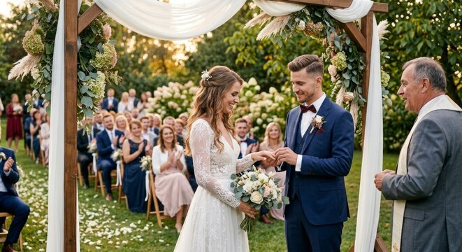 Romantic outdoor wedding ceremony under a floral wooden arch