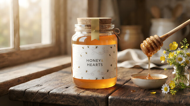 Glass jar of fresh golden honey with a wooden dipper on a rustic wooden table by a window