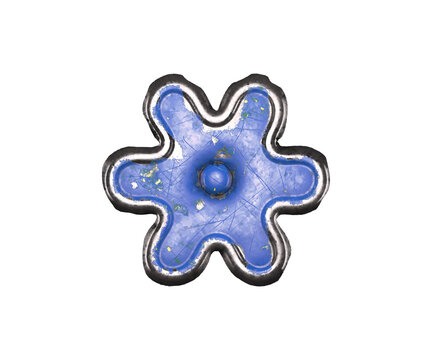 Blue scratched metal asterisk with rivets