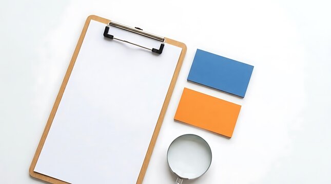 A wooden clipboard with blank paper next to colored cards and a magnifying glass, suggesting a conceptual planning session for new aca plans strategies