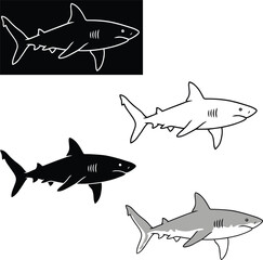 Obraz premium Set of shark silhouettes and line icons, including black, white, and grey variations of a swimming shark on a white background